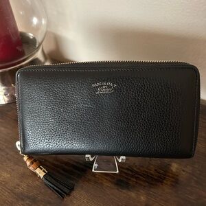 Gucci Black Leather Wallet with Bamboo Zip Tassel